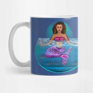 Mermaid pose underwater Cute  mermaid siting cross legged, brown eyes, Curly hair  and caramel brown skin - light background Mug